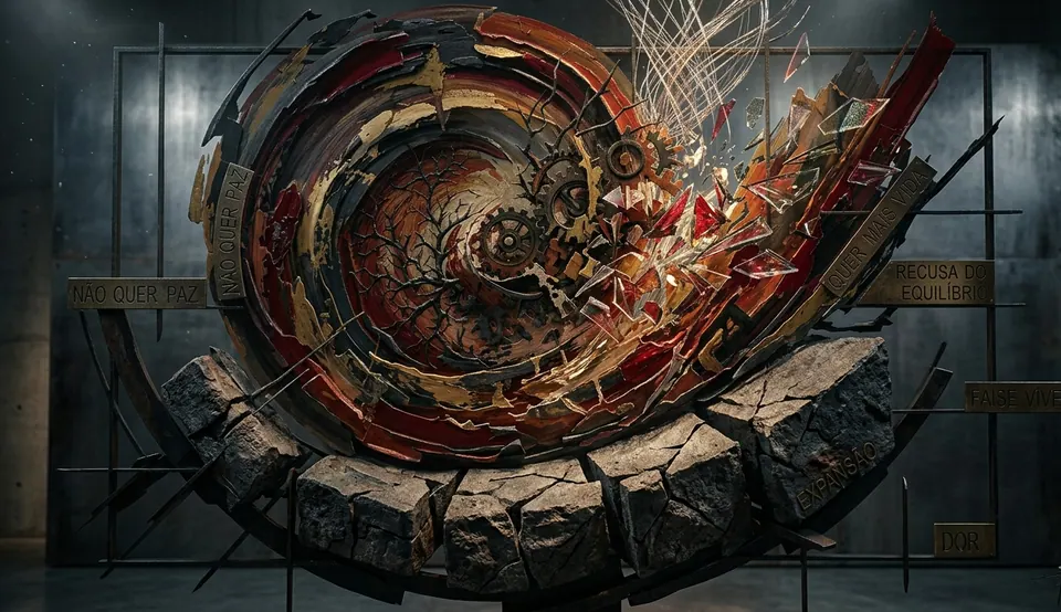 Escultura em espiral de metal e madeira, imagem de caos, expansão e potência