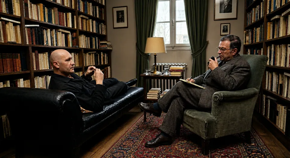 Ilustração de Jean-Paul Sartre e Jean Genet numa sessão de terapia fictícia, numa biblioteca
