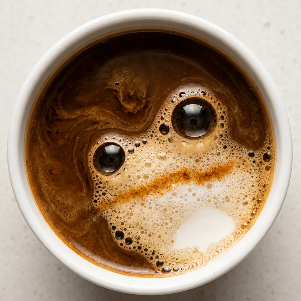 Xícara de café vista de cima formando a imagem de um sapo